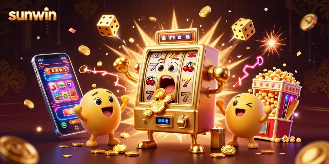 Sunwin slot machine hits a jackpot, coins exploding in an energetic casino scene.