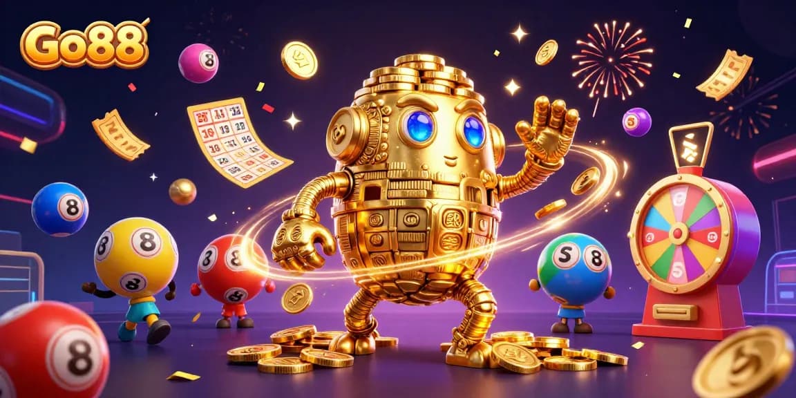Engage with Go88 in an exciting 3D illustration showcasing dynamic casino elements and vibrant gameplay.