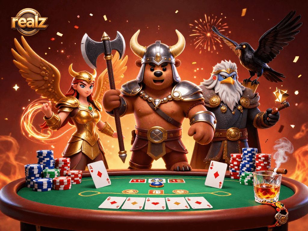 Setze auf realz, um mit einem Poker-Ass zu gewinnen - aufregende Illustration von Casino-Elementen.