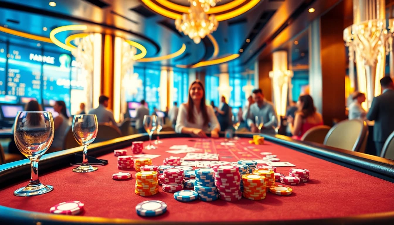 Online casino izgalmas játékasztal, színes zsetonokkal és kártyákkal, vibráló hangulatban.