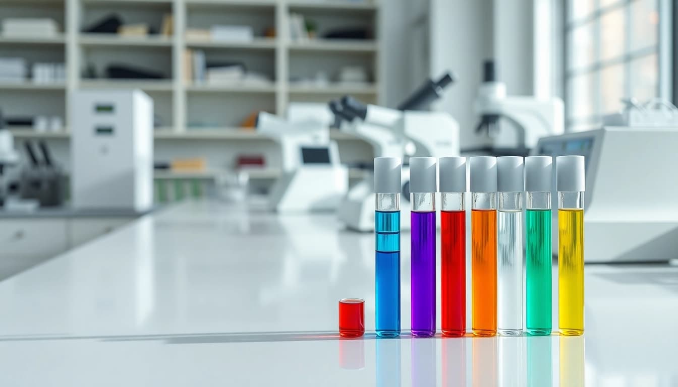 Weitere Informationen ansehen zu Serumroehrchen im medizinischen Labor mit verschiedenen Farben und Stilen.