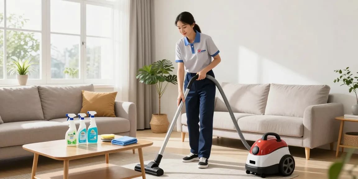 Professional cleaner at work in a bright living room, highlighting expert services offered by reinigungsfirmen in bern.
