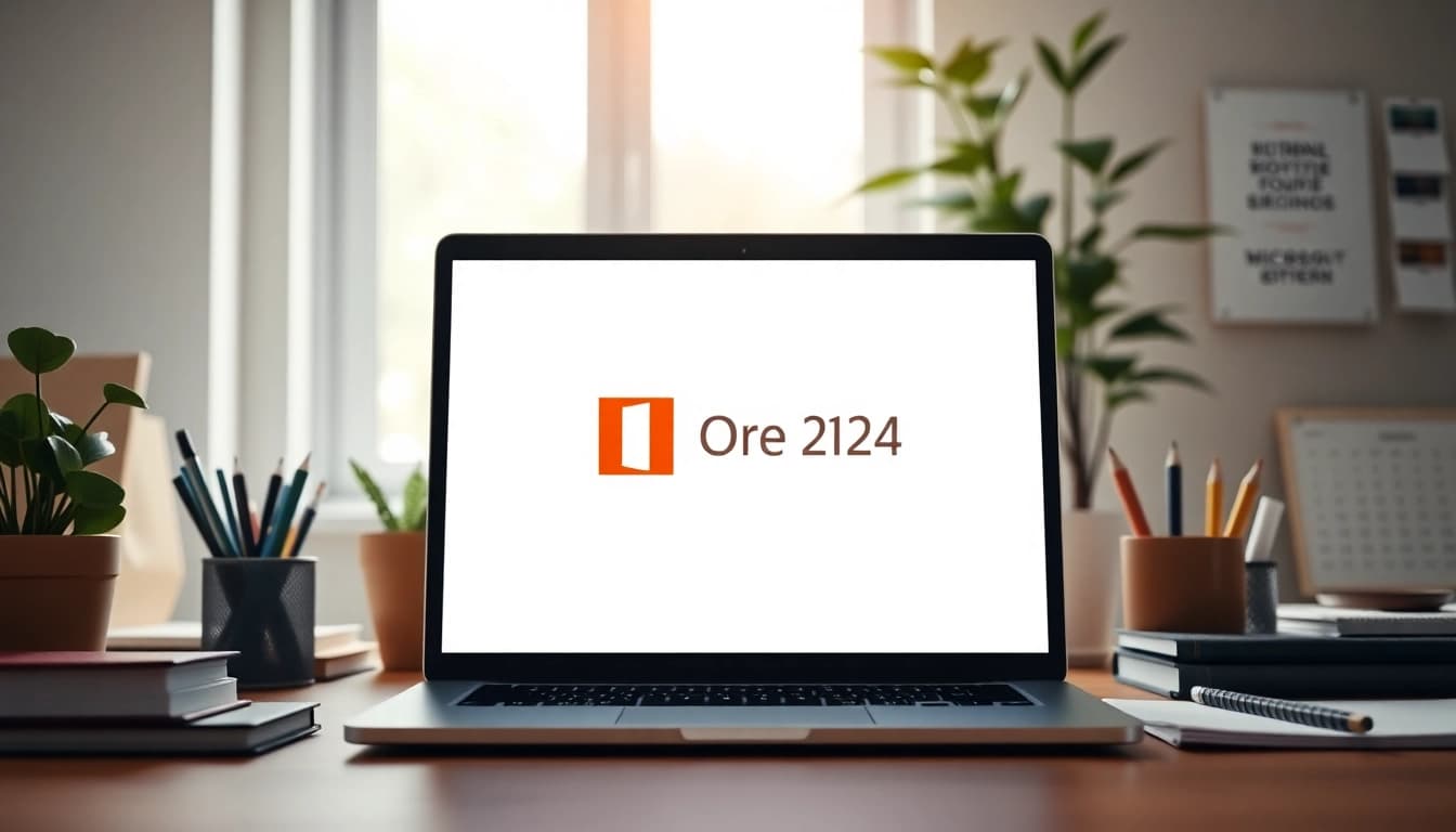 Office 2024 Professional Plus direkt aktivieren auf einem Laptop in einem modernen Büro.