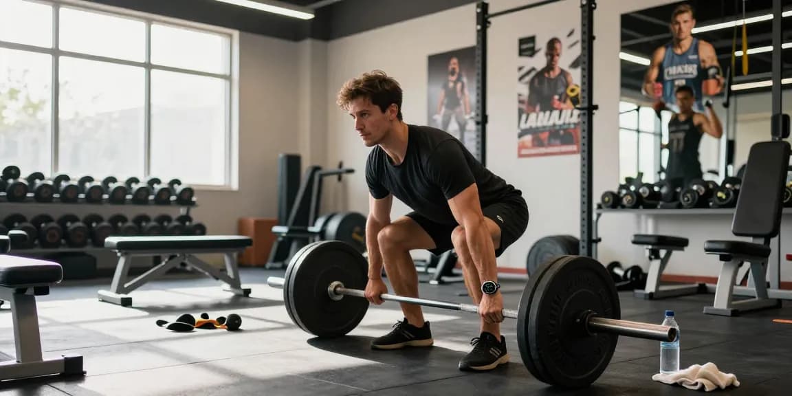 Trainierender Bodybuilder im Anabolika Shop, intensive Workout-Szene mit Gewichten und Fitnessgeräten.