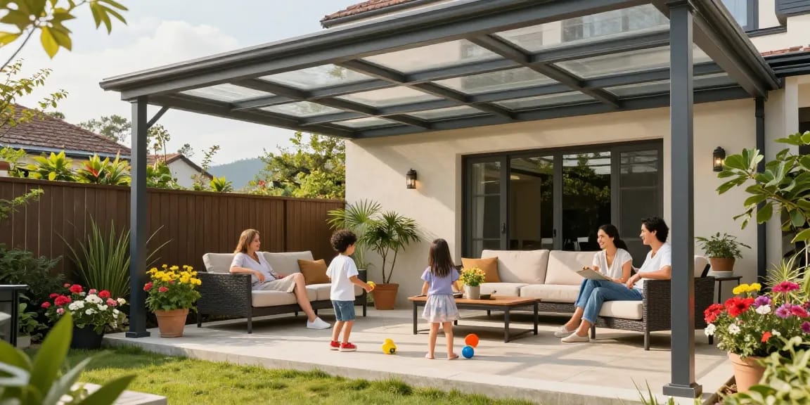 Familie entspannt unter einer modernen Terrassenüberdachung mit Blumen und Pflanzen.