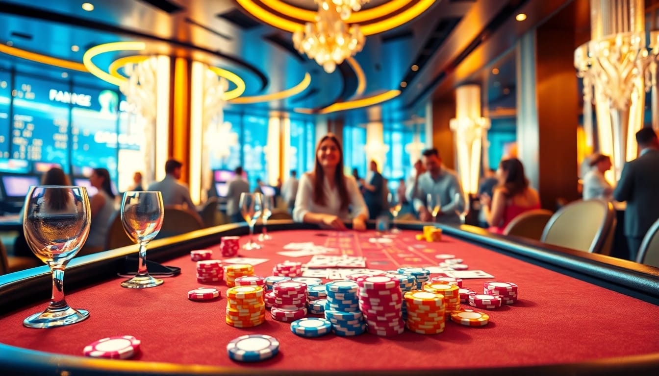 Online casino izgalmas játékasztal, színes zsetonokkal és kártyákkal, vibráló hangulatban.