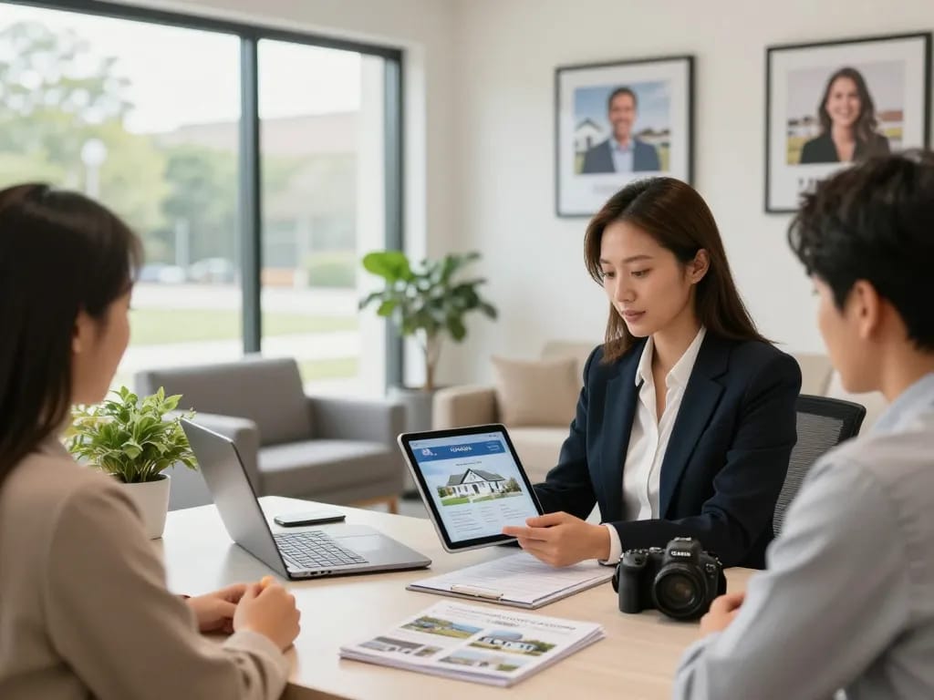 Immobilienmakler berät Kunden in einem einladenden Büro und präsentiert die Dienstleistungen von Immobilienmakler Frankfurt Ginnheim.