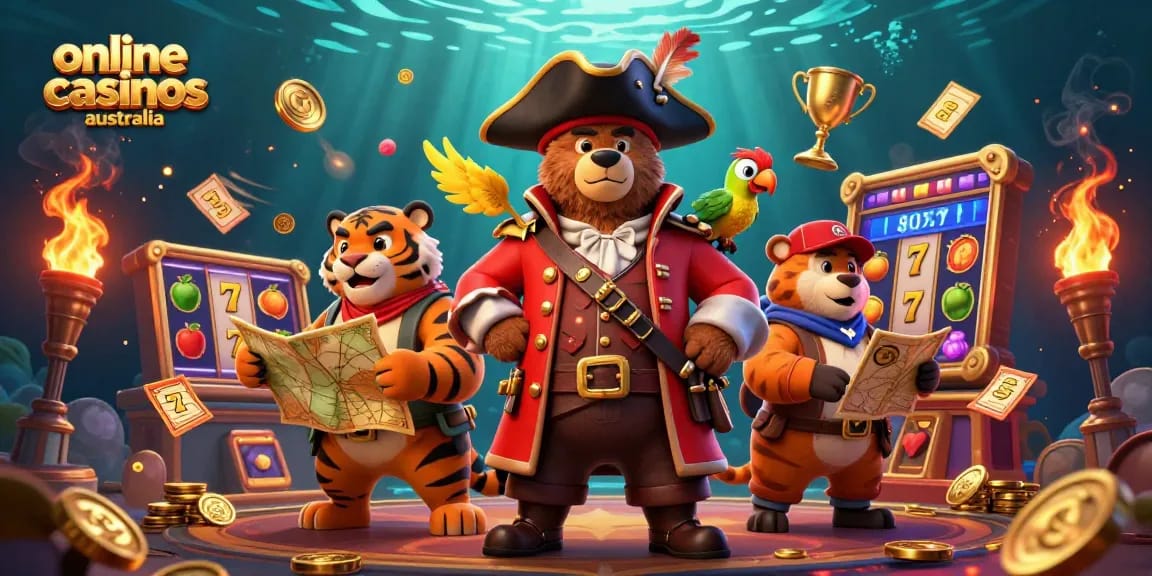 Engage with online casinos australia featuring a dynamic casino scene with colorful slots and cheerful characters.