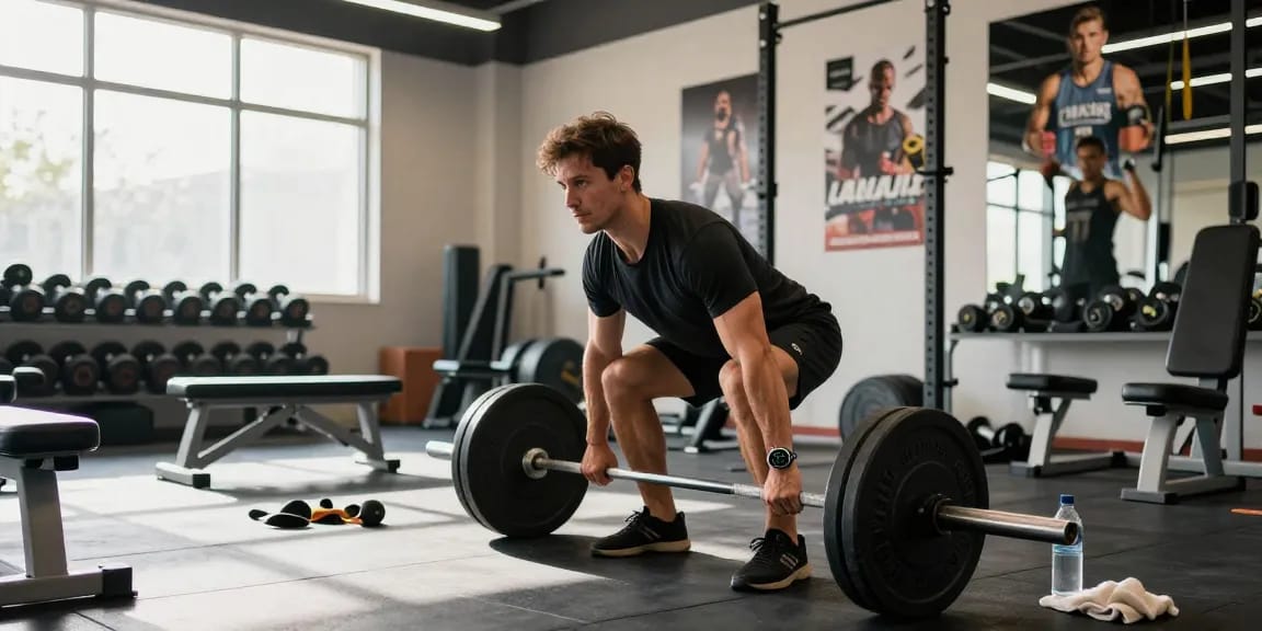 Trainierender Bodybuilder im Anabolika Shop, intensive Workout-Szene mit Gewichten und Fitnessgeräten.