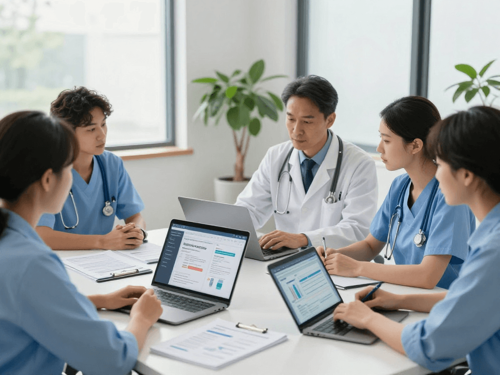 Gesundheitswesen Arzt: Teamarbeit zur Sicherstellung von Datenschutz und Barrierefreiheit in der Arztpraxis.