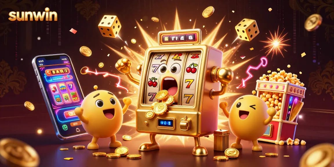 Sunwin slot machine hits a jackpot, coins exploding in an energetic casino scene.