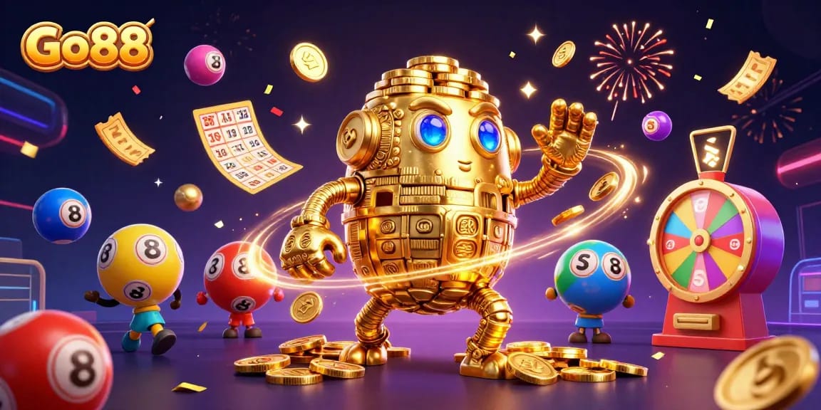 Engage with Go88 in an exciting 3D illustration showcasing dynamic casino elements and vibrant gameplay.