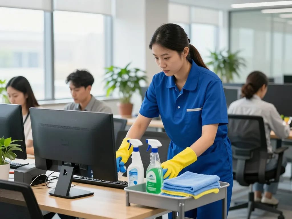 Professionelle Unterhaltsreinigung in Münster mit einer Reinigungskraft, die Schreibtische desinfiziert und somit die Hygiene am Arbeitsplatz gewährleistet.