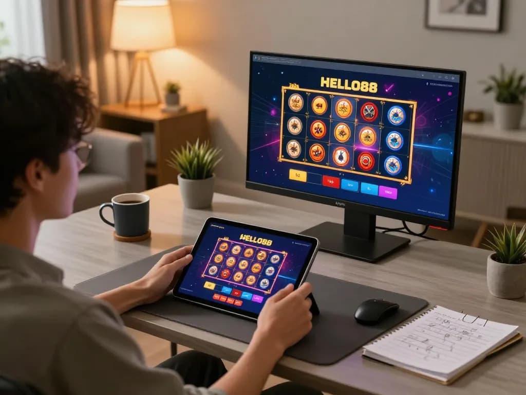 Engaging with the HELLO88 casino app on a tablet in a cozy, modern home gaming setup