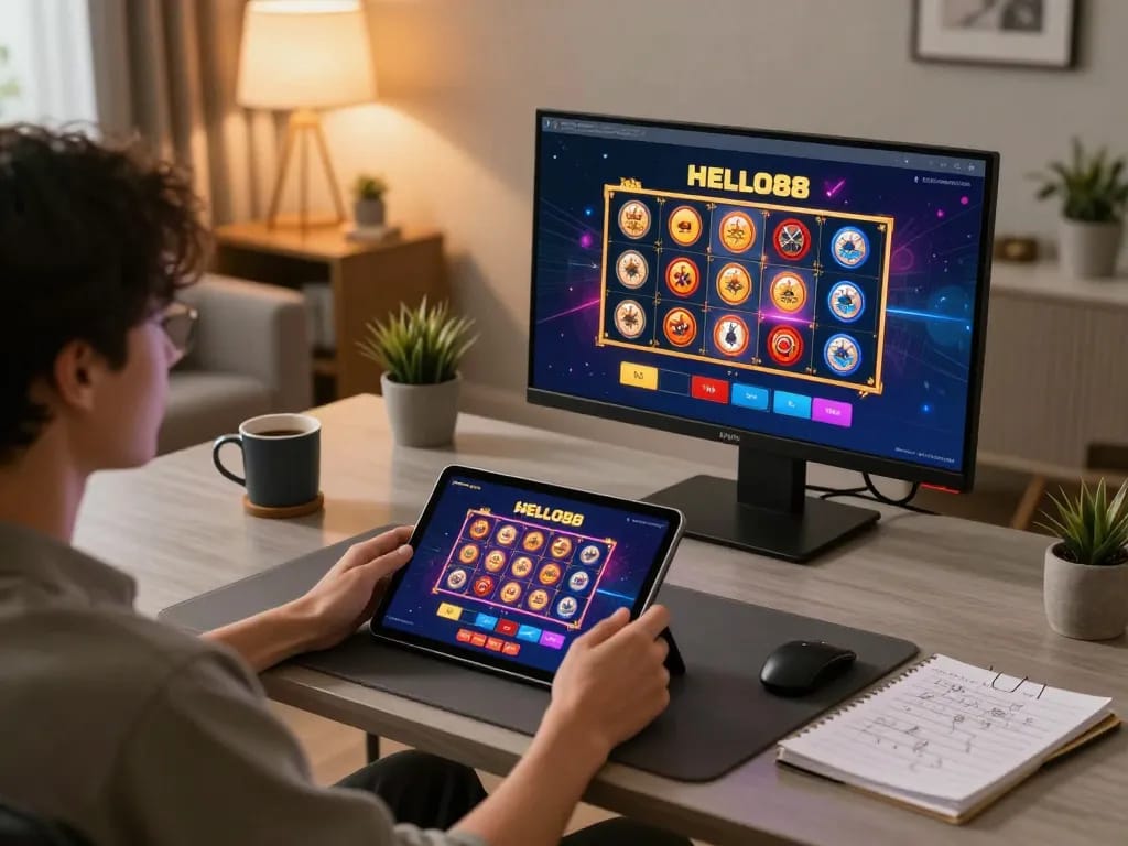 Engaging with the HELLO88 casino app on a tablet in a cozy, modern home gaming setup