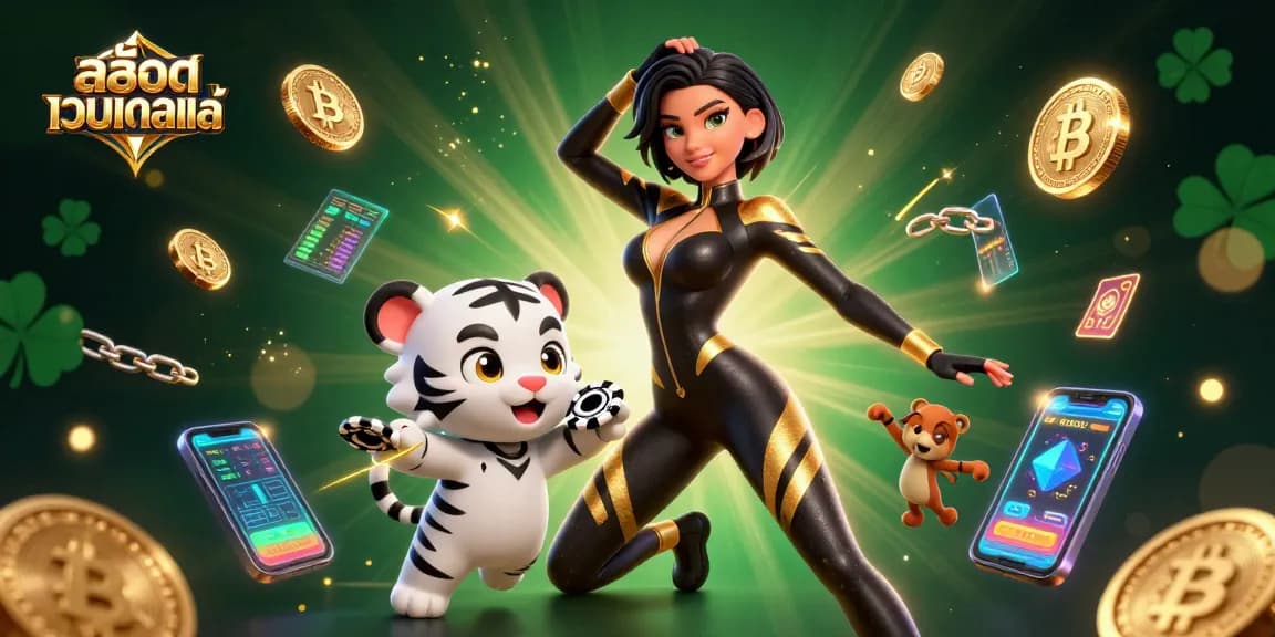 Engage with สล็อตเว็บตรงแท้ in a dynamic 3D casino scene featuring a woman in a catsuit and a baby tiger.