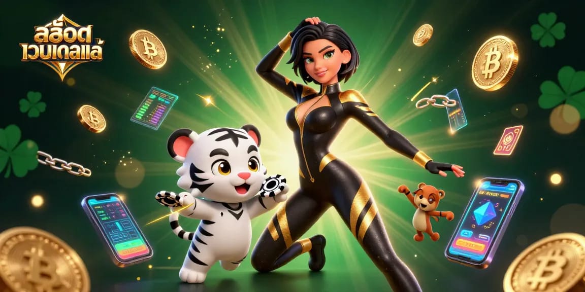 Engage with สล็อตเว็บตรงแท้ in a dynamic 3D casino scene featuring a woman in a catsuit and a baby tiger.