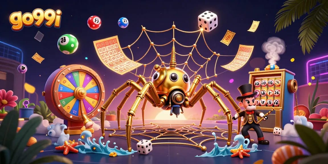 Win big at go99i with vibrant lottery balls and a steampunk spider scene.