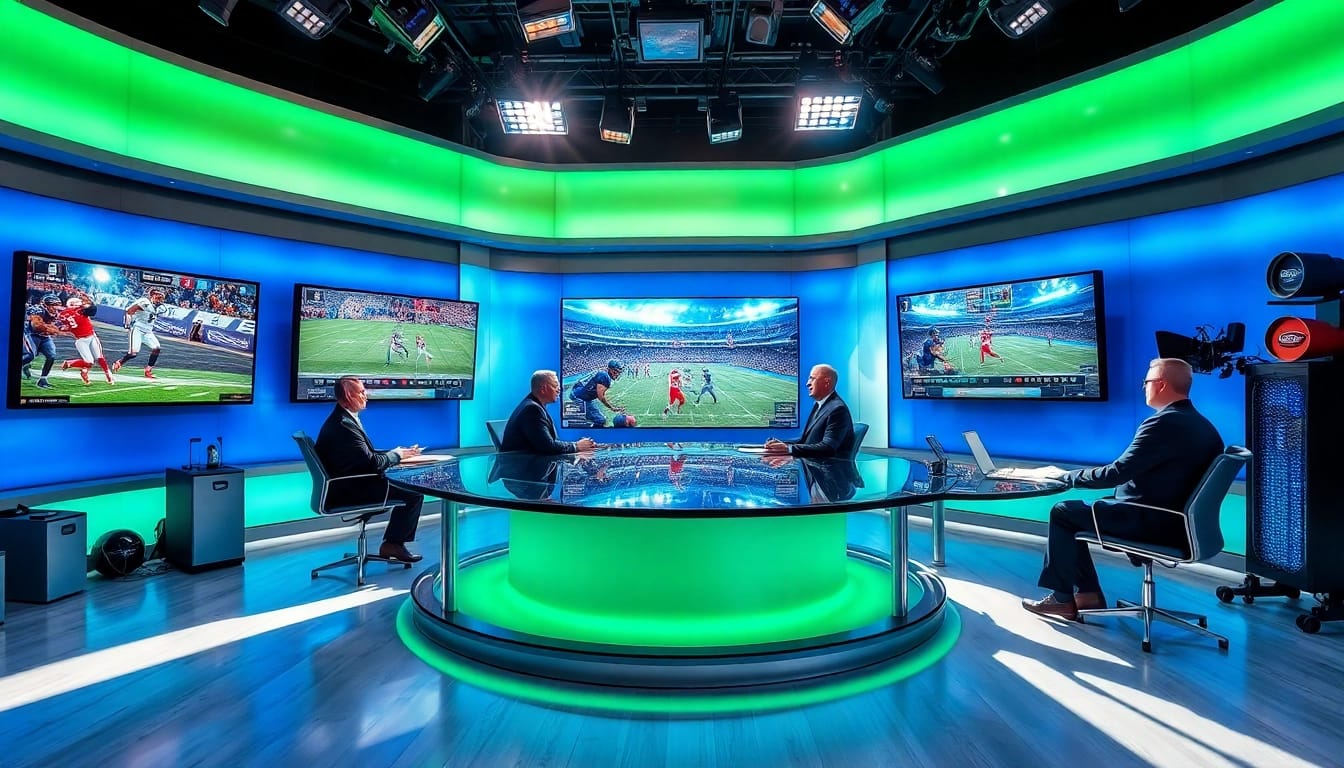 Professionals engaging in sports broadcasting with multiple screens detailing live sports events.