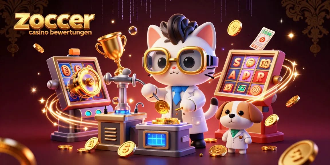 Experience zoccer casino bewertungen with a vibrant 3D cartoon scene of a mad scientist cat and dog amidst gold coins and slots.