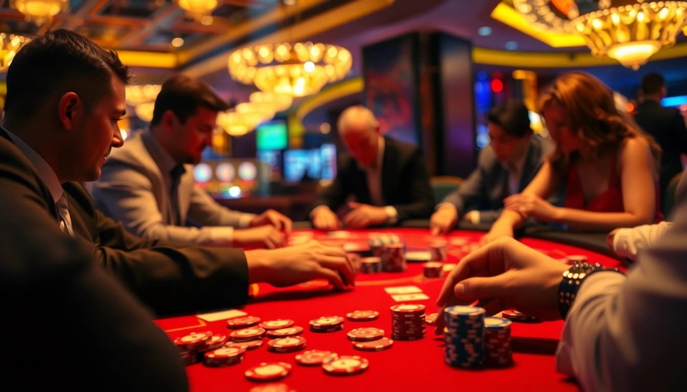 Faszinierende casinospiele mit Spielern an einem Tisch voller Karten und Chips.