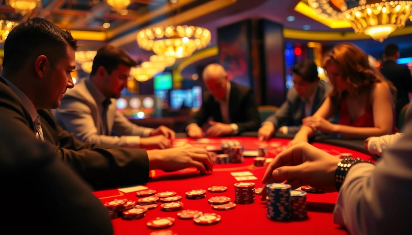 Faszinierende casinospiele mit Spielern an einem Tisch voller Karten und Chips.