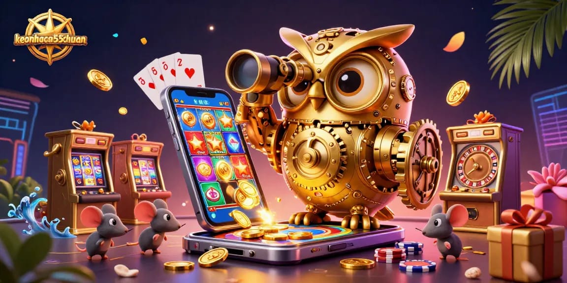 Engage with keonhacai55chuan in a lively casino scene with vibrant characters and exciting game elements.