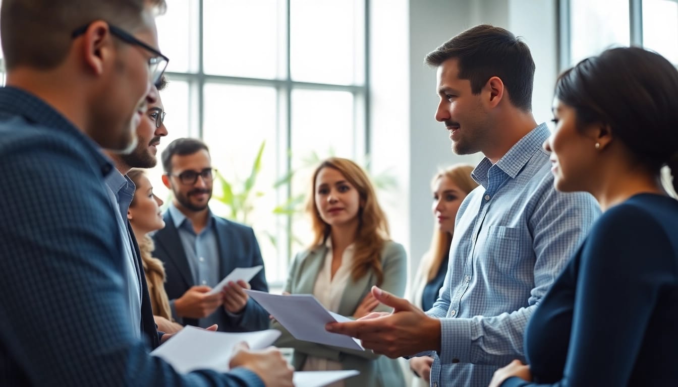 Headhunter Ingenieure im Gespräch mit einem professionellen Team in heller Büroumgebung.