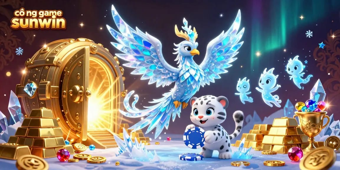 Experience the thrill of cổng game sunwin with a dazzling 3D casino scene featuring ice sprites and golden treasures.
