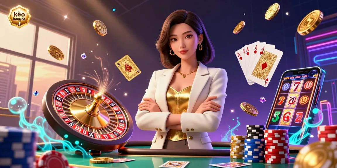 Engage with kèo bóng đá through an elegant Asian woman showcasing her cards in a dazzling casino scene.