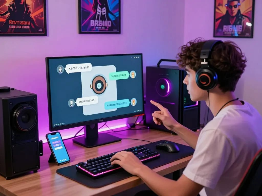 User engaging with an NSFW chat bot in a vibrant tech setup, highlighting innovative AI interaction.