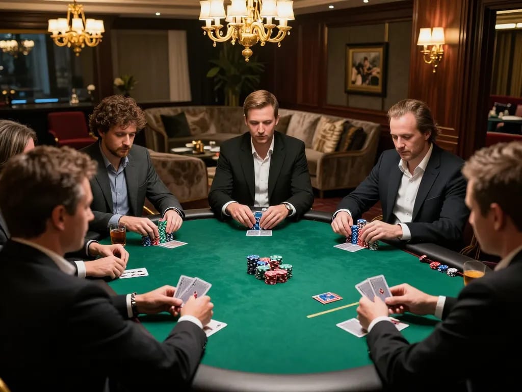 CM88 players engaged in an intense poker game, high-stakes atmosphere with chips and cards