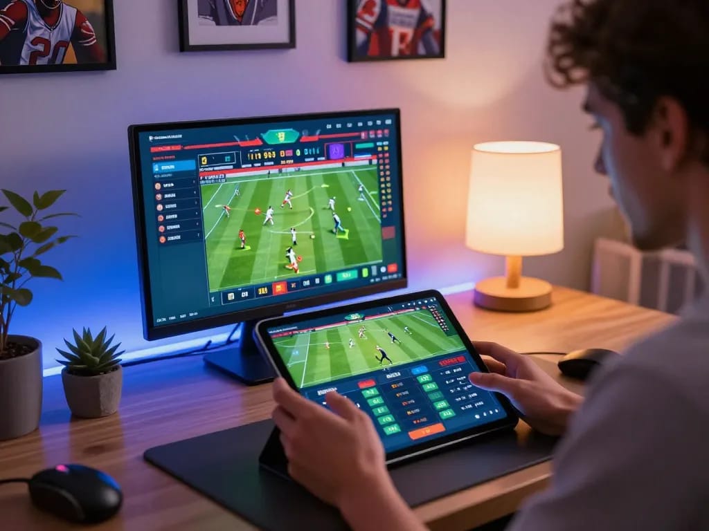 PHPVIP user engaging in exciting sports betting on tablet in a modern home setting