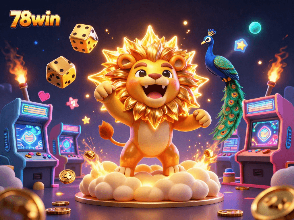 Experience the thrill of 78win with vibrant casino elements and a triumphant sun lion in a vibrant 3D scene.