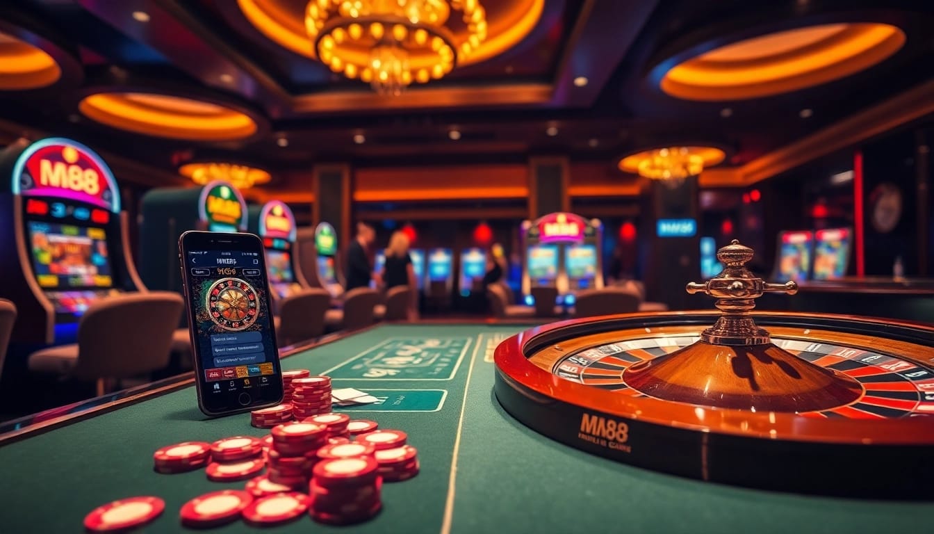 Experience the excitement of MM88 with a luxurious casino scene showcasing vibrant gambling activities.