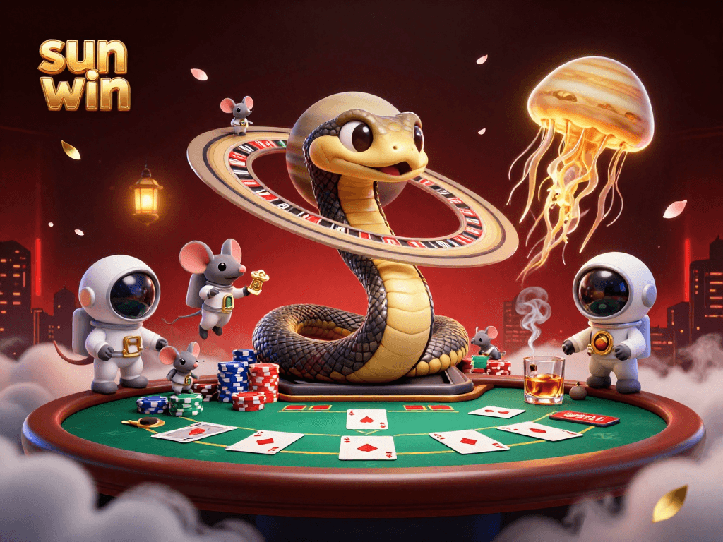 Engage in thrilling gameplay at sun win with astronaut mice placing bets on a cosmic roulette scene.