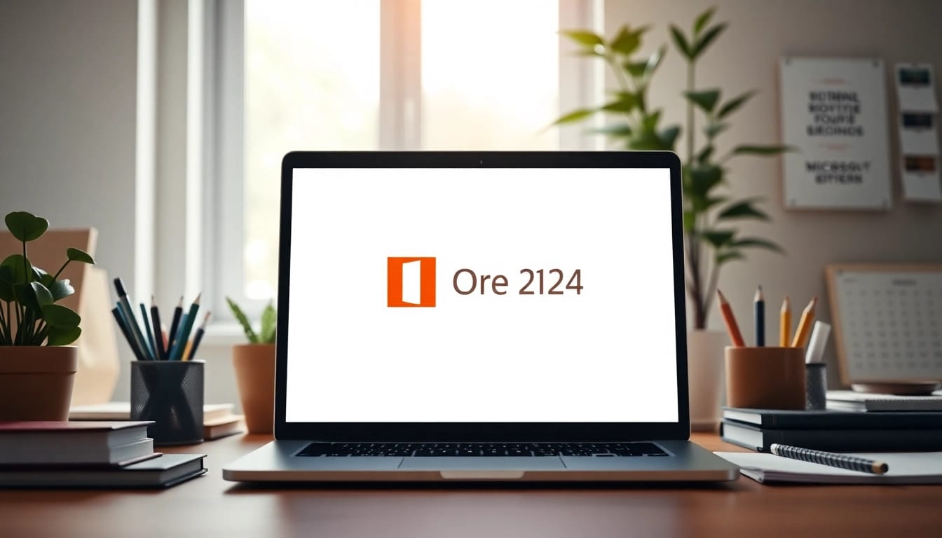 Office 2024 Professional Plus direkt aktivieren auf einem Laptop in einem modernen Büro.