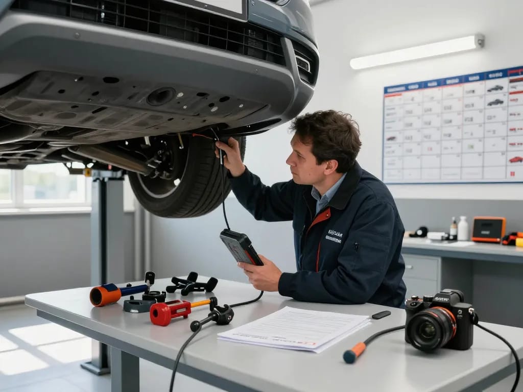 Kfz Sachverständiger Bonn führt eine gründliche Fahrzeuginspektion in einer professionellen Garage durch und zeigt Fachkenntnisse mit Diagnosetools.