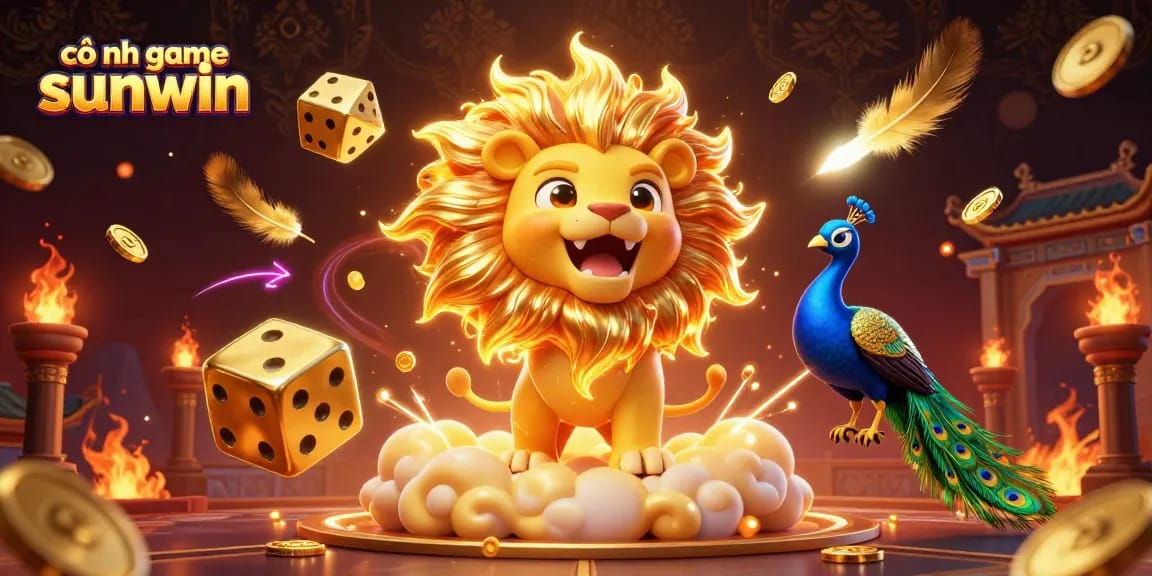 Engage with the thrilling cổng game sunwin featuring a dynamic 3D sun lion and golden dice amidst colorful gambling elements.
