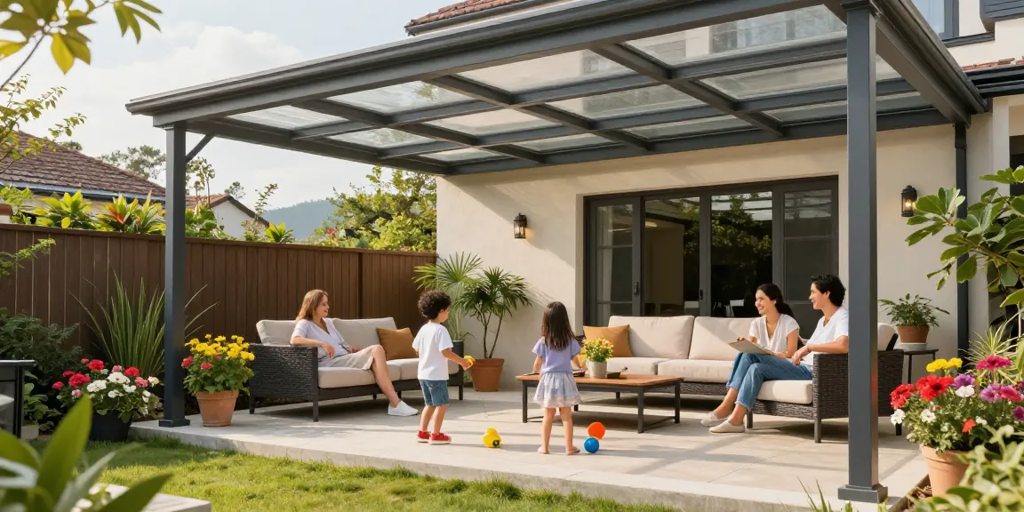 Familie entspannt unter einer modernen Terrassenüberdachung mit Blumen und Pflanzen.