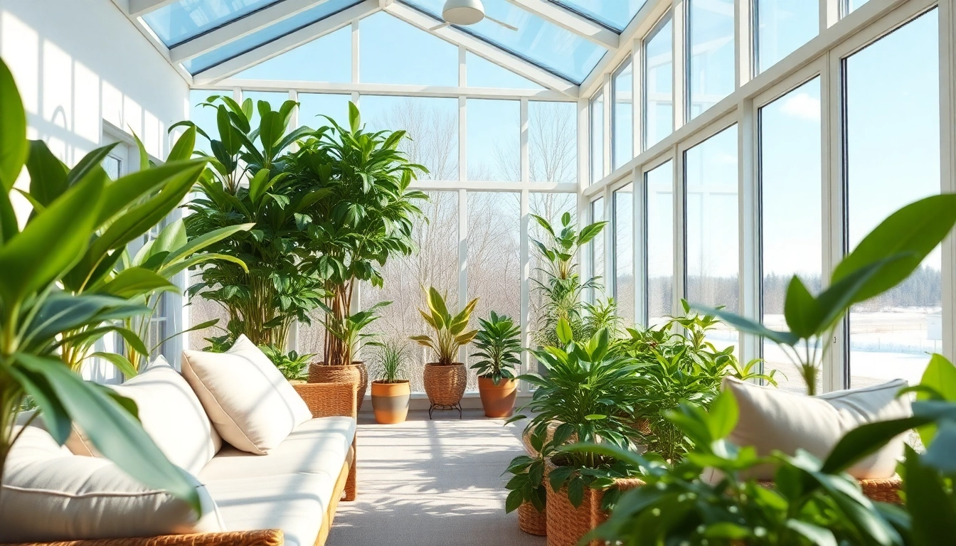 Ein einladender Wintergarten mit lichtdurchflutetem Raum, Sitzbereich und vielen Pflanzen.