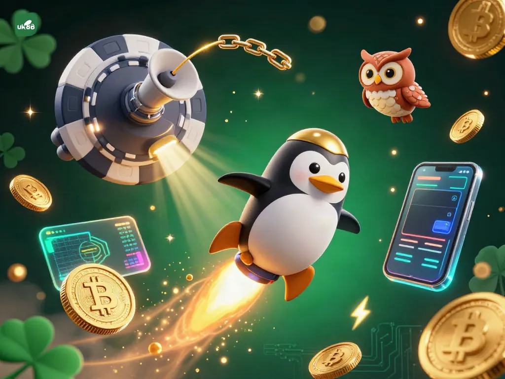 Experience the excitement of uk88 with a golden penguin soaring through space towards a casino chip station.