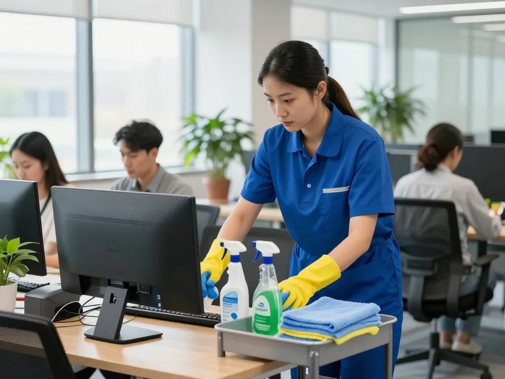 Professionelle Unterhaltsreinigung in Münster mit einer Reinigungskraft, die Schreibtische desinfiziert und somit die Hygiene am Arbeitsplatz gewährleistet.