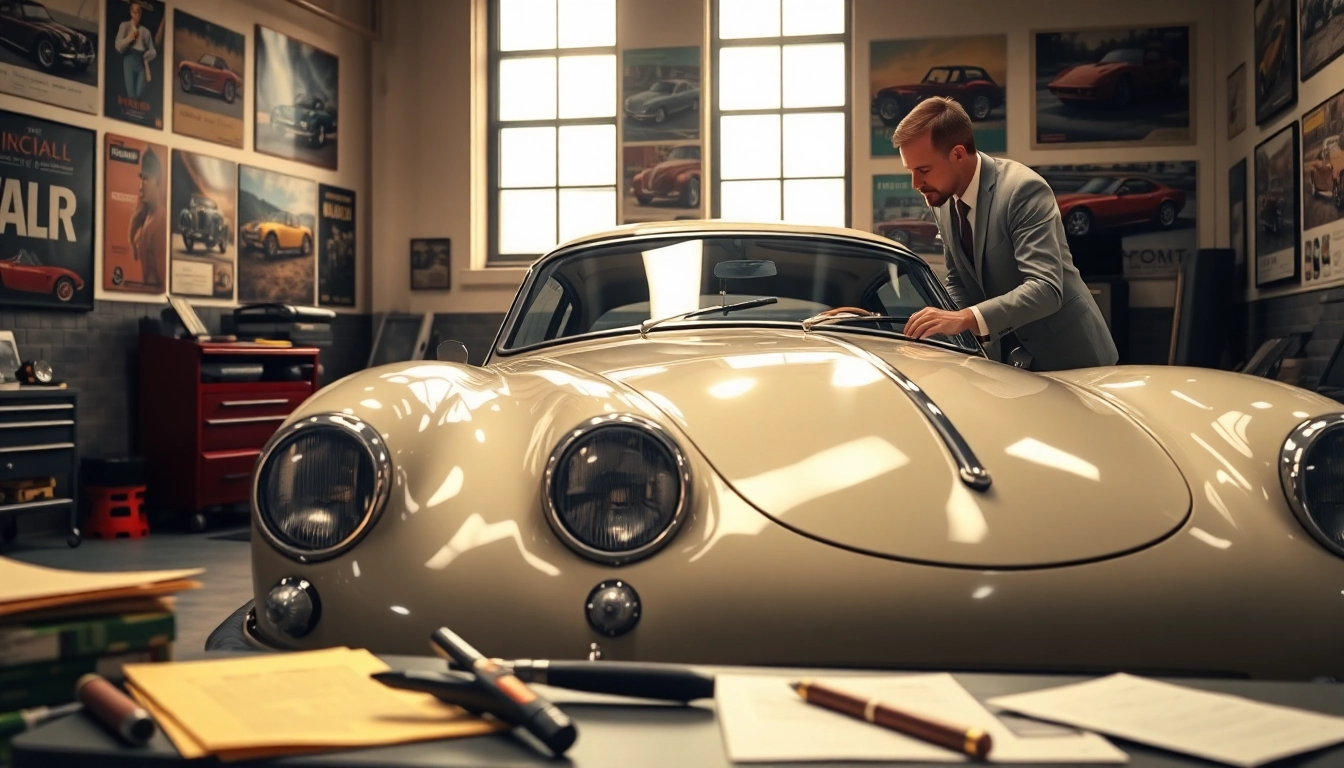 Oldtimer Gutachten in einer professionellen Überprüfung eines klassischen Autos im Licht des Garagenumfeldes.