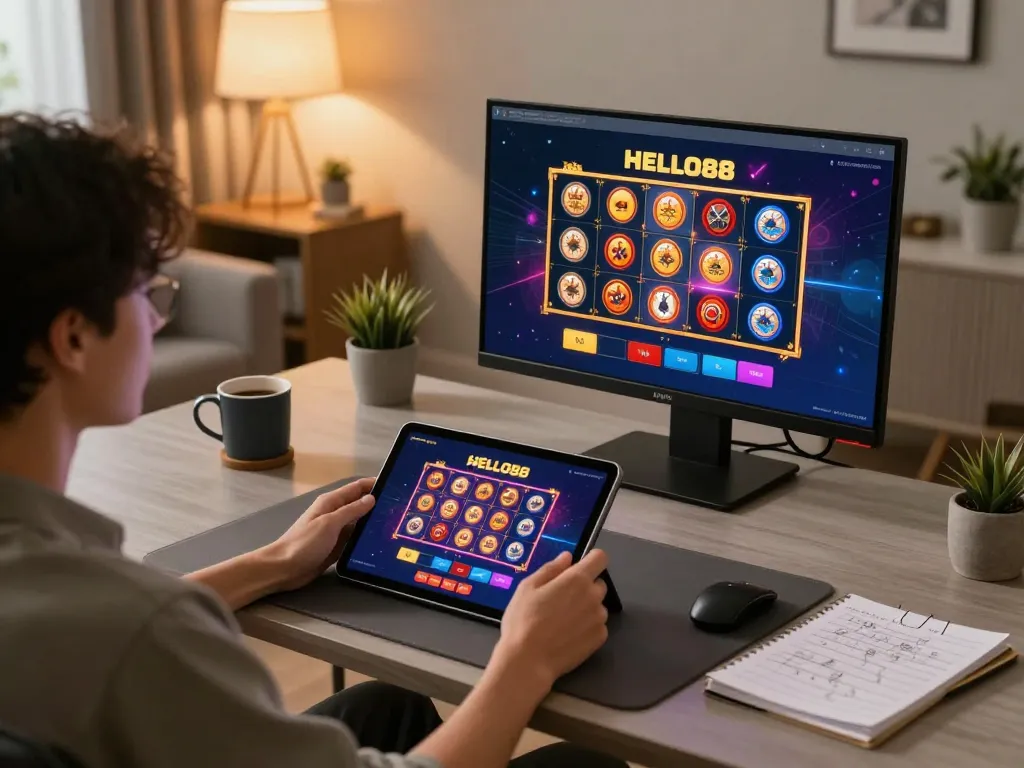 Engaging with the HELLO88 casino app on a tablet in a cozy, modern home gaming setup