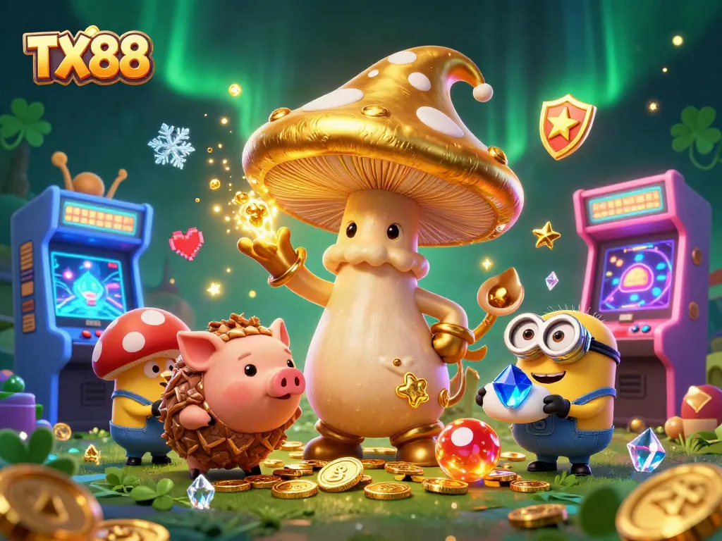 Experience the magic of TX88 with a golden mushroom wizard, treasures, and vibrant gaming elements.