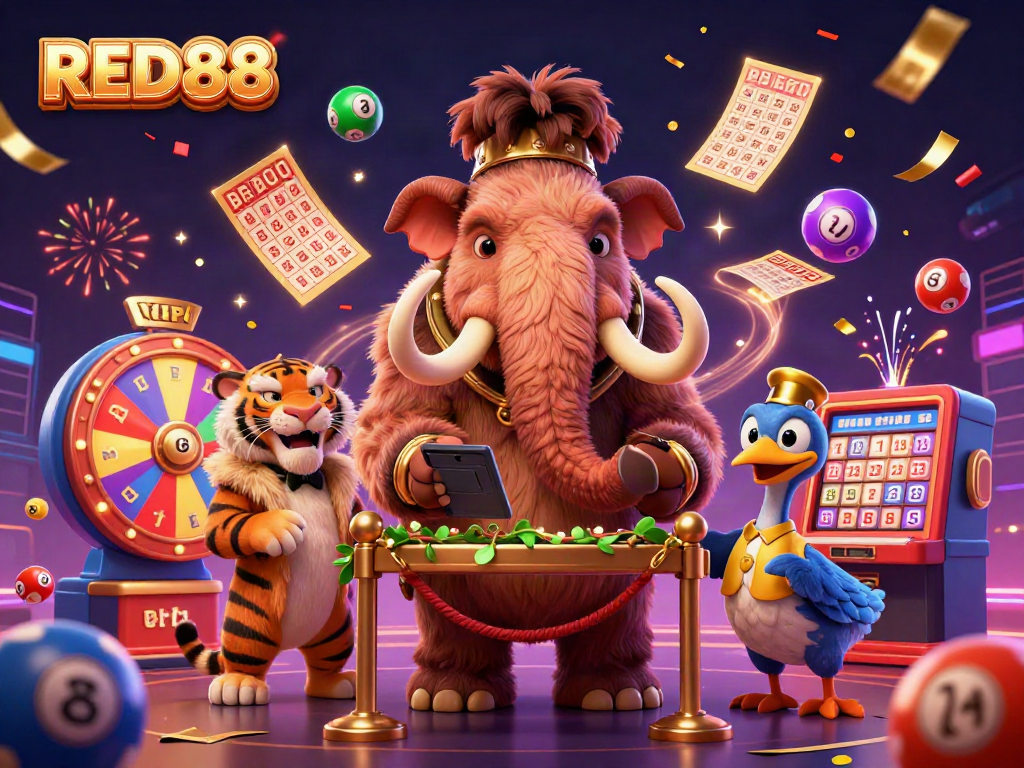 Experience the excitement of playing at RED88 with vibrant casino elements and colorful characters in this 3D illustration.