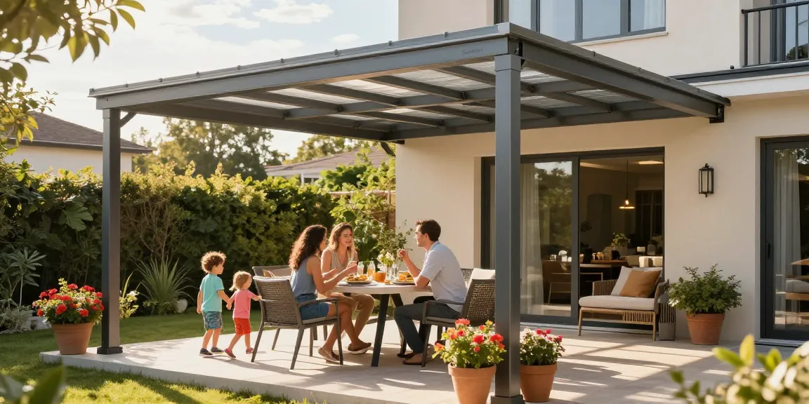 Terrassenüberdachungen in einer modernen Gartenszene mit Familie bei einem Essen.