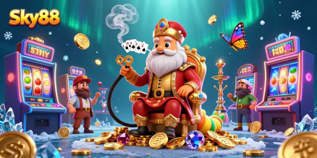 Sky88 engages players with a vibrant scene of a whimsical caterpillar enjoying a casino atmosphere.