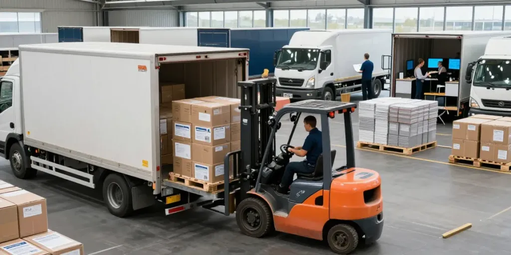 Effiziente Lagerlogistik in Bielefeld mit Arbeitern und Lkw im Hintergrund.